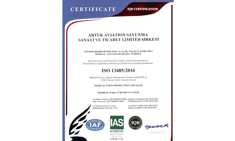 Firmamız ISO 13485:2016 ile sertifiye edilmiştir